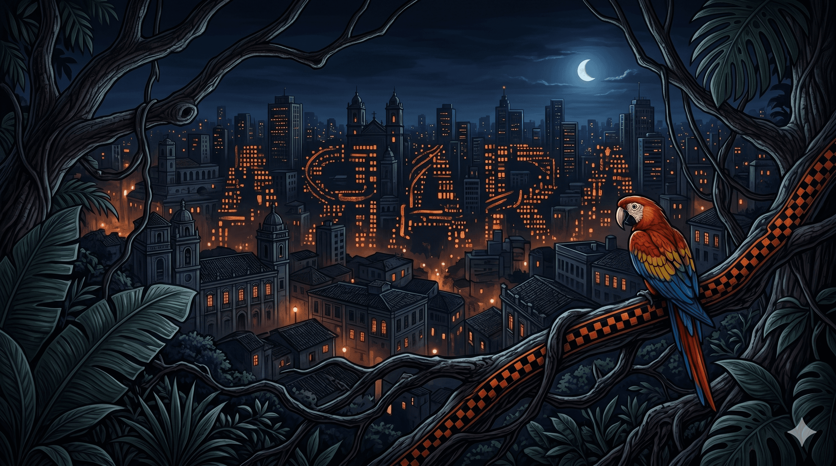 Paisagem noturna com cidade, floresta e arara.